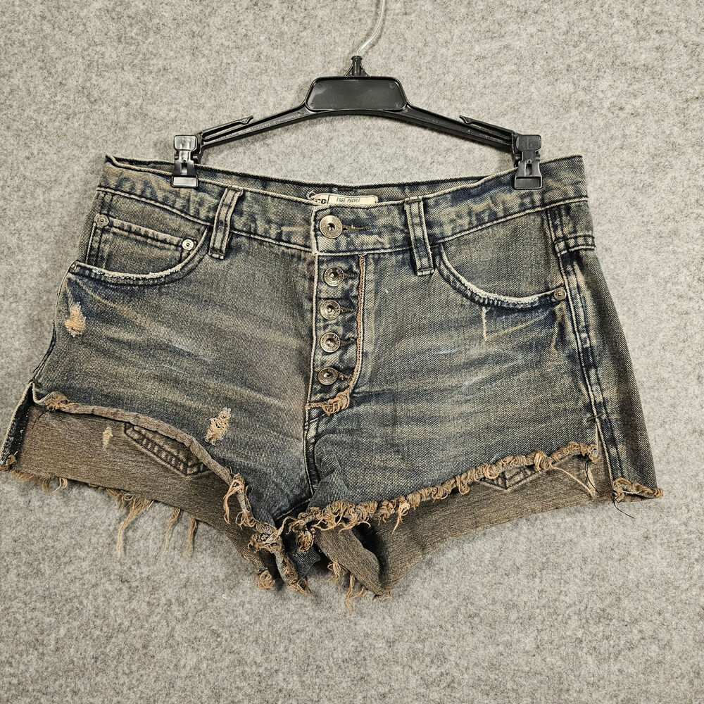 Free People Distressed Frayed Raw Hem Fringe Button Fly Blue Jean Shorts Denim - Picture 1 of 10